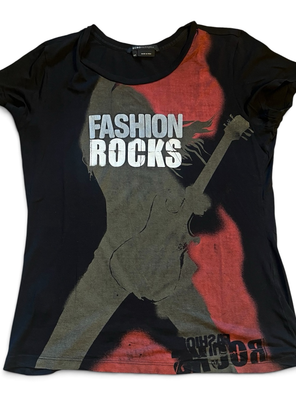 BCBGMaxAzria Black Graphic 'Fashion Rocks' Short Sleeve Tee with Red Accents